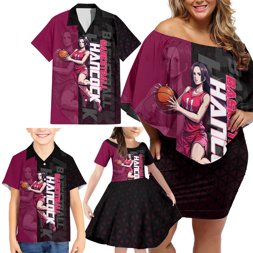 Boa Hancock One Piece Basketball Theme Maroon and Black Design Family Matching Off Shoulder Short Dress and Hawaiian Shirt with Serpent Emblem and Dynamic Pose