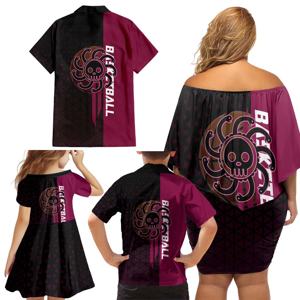 Boa Hancock One Piece Basketball Theme Maroon and Black Design Family Matching Off Shoulder Short Dress and Hawaiian Shirt with Serpent Emblem and Dynamic Pose