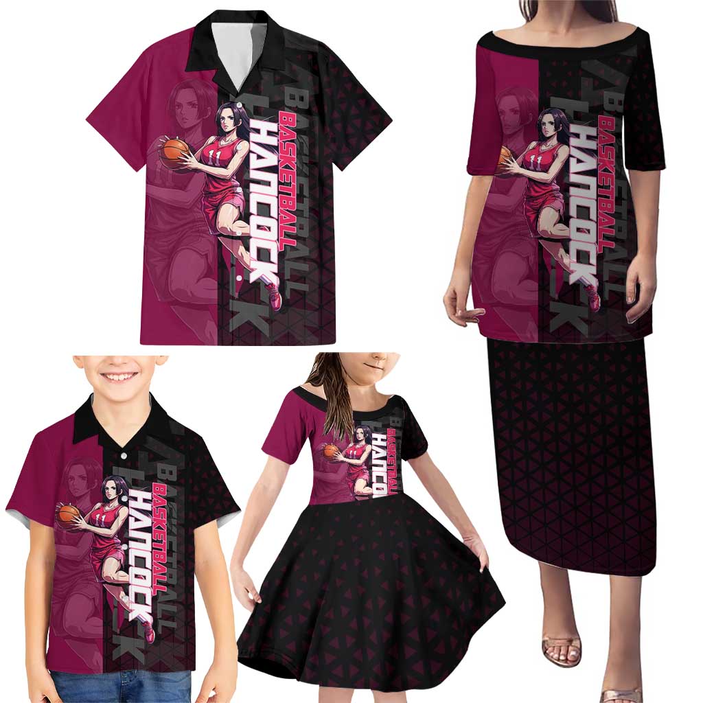 Boa Hancock One Piece Basketball Theme Maroon and Black Design Family Matching Puletasi and Hawaiian Shirt with Serpent Emblem and Dynamic Pose