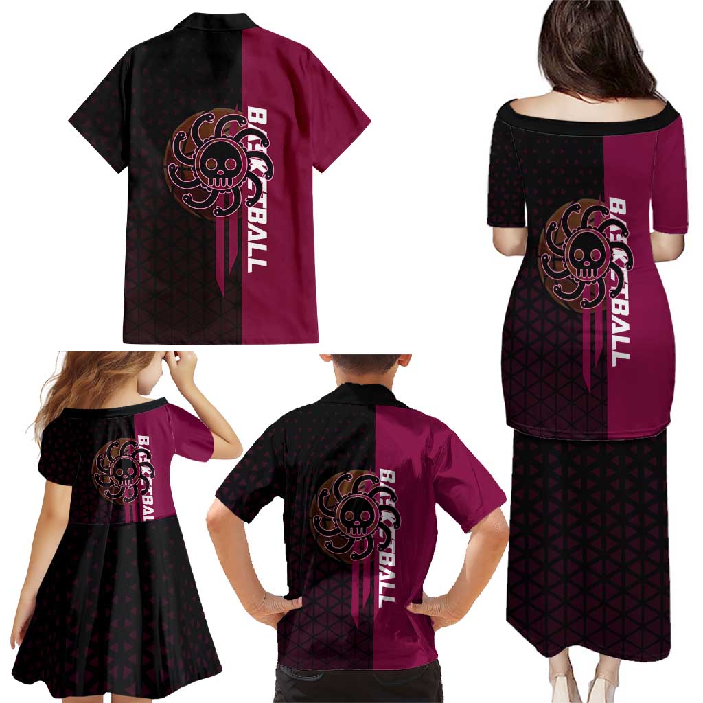 Boa Hancock One Piece Basketball Theme Maroon and Black Design Family Matching Puletasi and Hawaiian Shirt with Serpent Emblem and Dynamic Pose