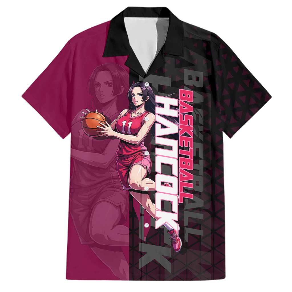 Boa Hancock One Piece Basketball Theme Maroon and Black Design Family Matching Puletasi and Hawaiian Shirt with Serpent Emblem and Dynamic Pose