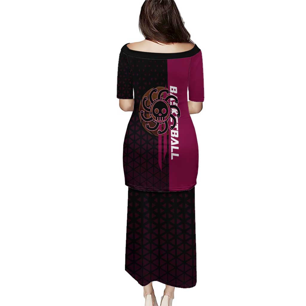 Boa Hancock One Piece Basketball Theme Maroon and Black Design Family Matching Puletasi and Hawaiian Shirt with Serpent Emblem and Dynamic Pose