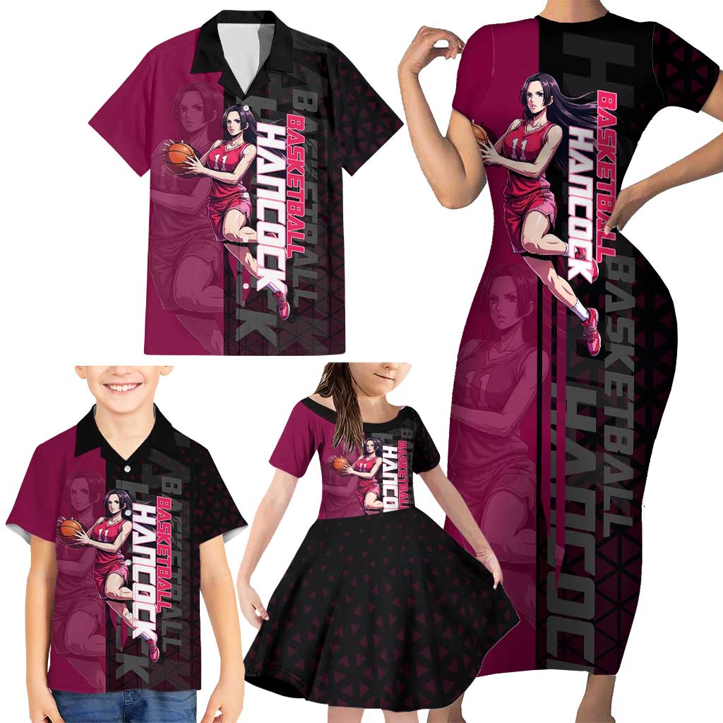 Boa Hancock One Piece Basketball Theme Maroon and Black Design Family Matching Short Sleeve Bodycon Dress and Hawaiian Shirt with Serpent Emblem and Dynamic Pose