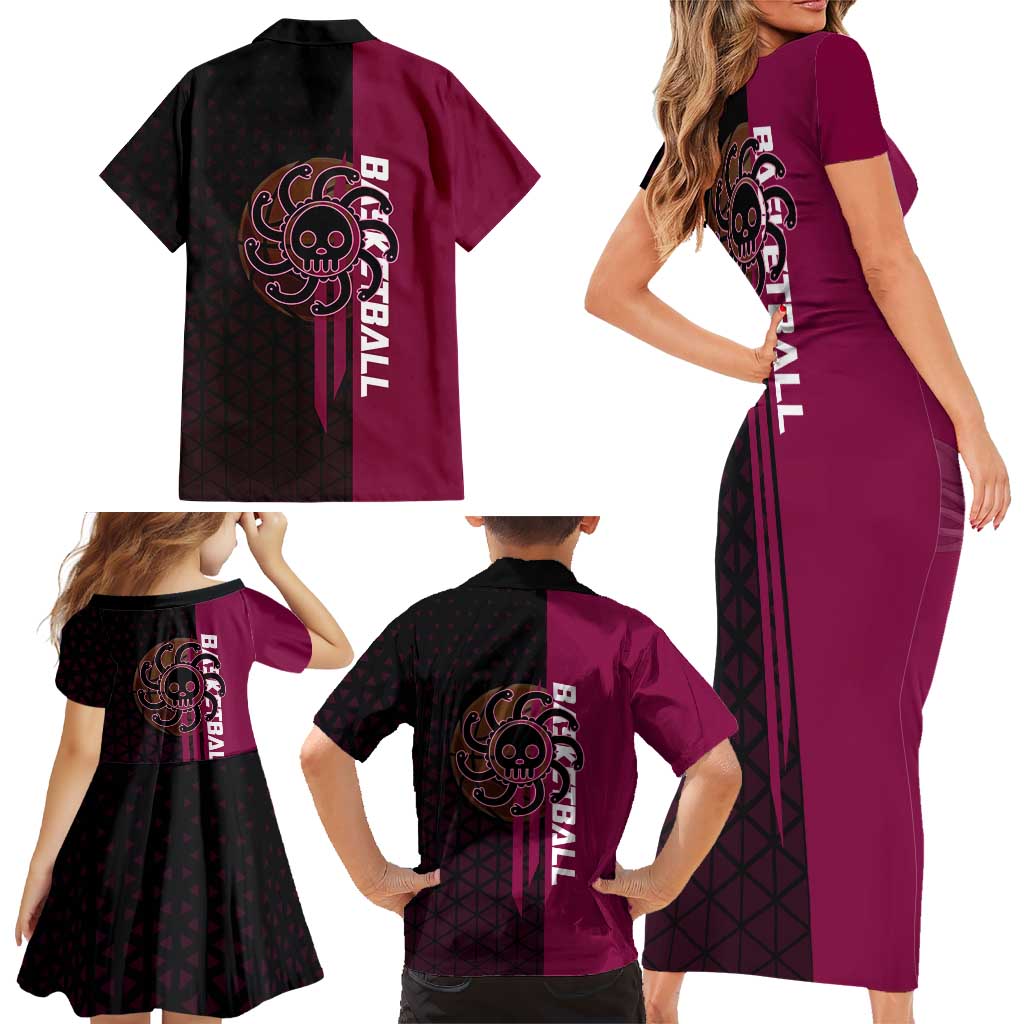 Boa Hancock One Piece Basketball Theme Maroon and Black Design Family Matching Short Sleeve Bodycon Dress and Hawaiian Shirt with Serpent Emblem and Dynamic Pose
