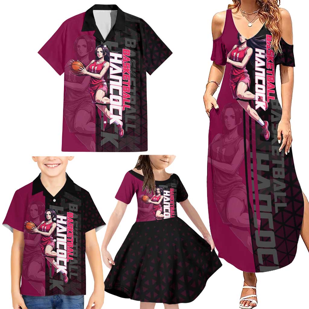Boa Hancock One Piece Basketball Theme Maroon and Black Design Family Matching Summer Maxi Dress and Hawaiian Shirt with Serpent Emblem and Dynamic Pose