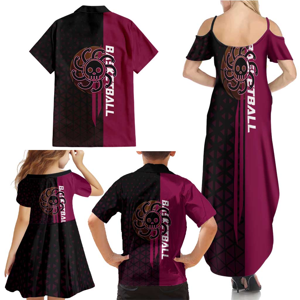 Boa Hancock One Piece Basketball Theme Maroon and Black Design Family Matching Summer Maxi Dress and Hawaiian Shirt with Serpent Emblem and Dynamic Pose