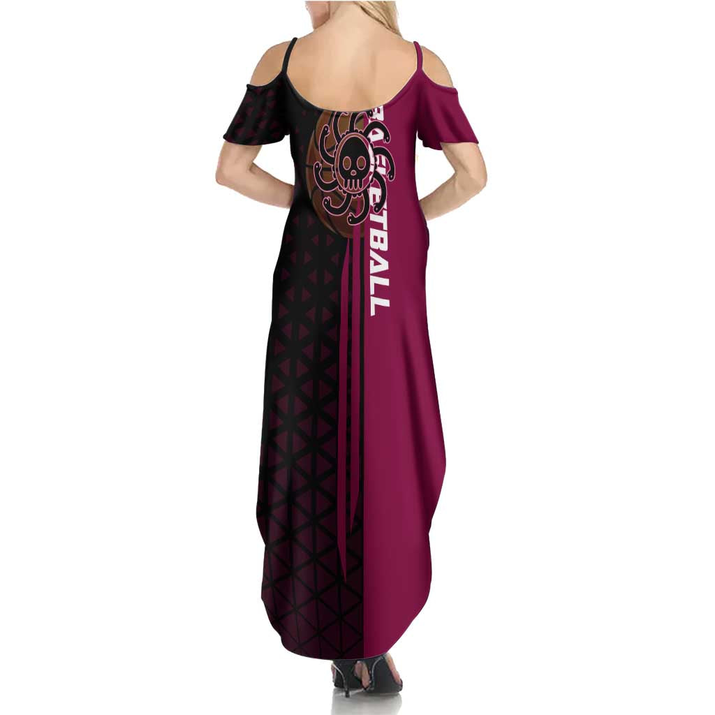 Boa Hancock One Piece Basketball Theme Maroon and Black Design Family Matching Summer Maxi Dress and Hawaiian Shirt with Serpent Emblem and Dynamic Pose
