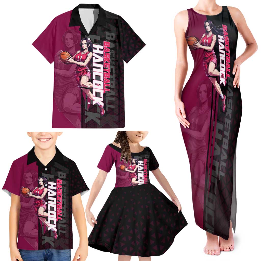 Boa Hancock One Piece Basketball Theme Maroon and Black Design Family Matching Tank Maxi Dress and Hawaiian Shirt with Serpent Emblem and Dynamic Pose