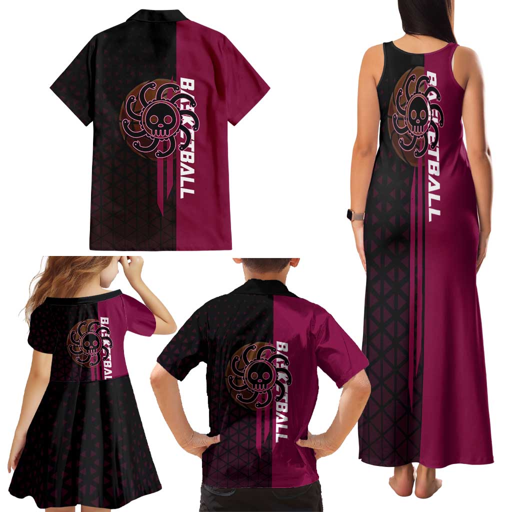 Boa Hancock One Piece Basketball Theme Maroon and Black Design Family Matching Tank Maxi Dress and Hawaiian Shirt with Serpent Emblem and Dynamic Pose