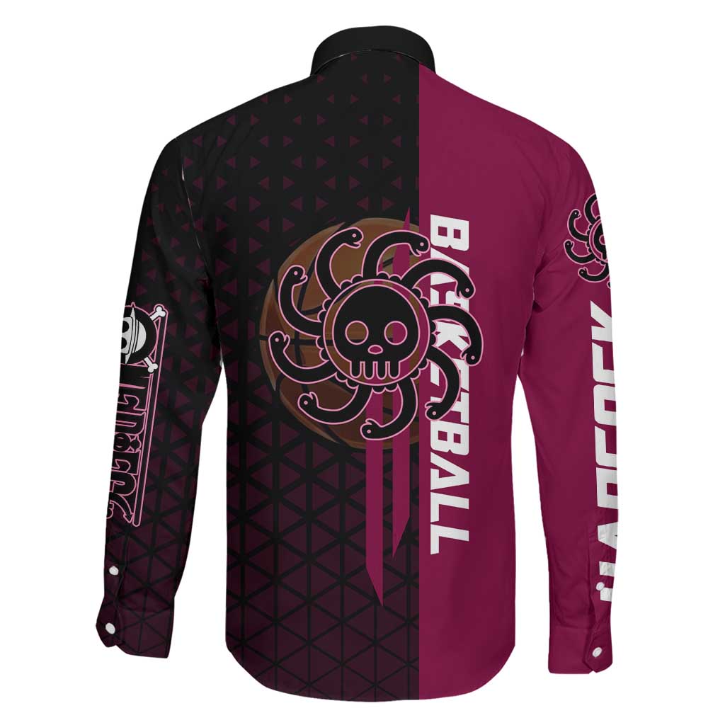 Boa Hancock One Piece Basketball Theme Maroon and Black Design Family Matching Tank Maxi Dress and Hawaiian Shirt with Serpent Emblem and Dynamic Pose
