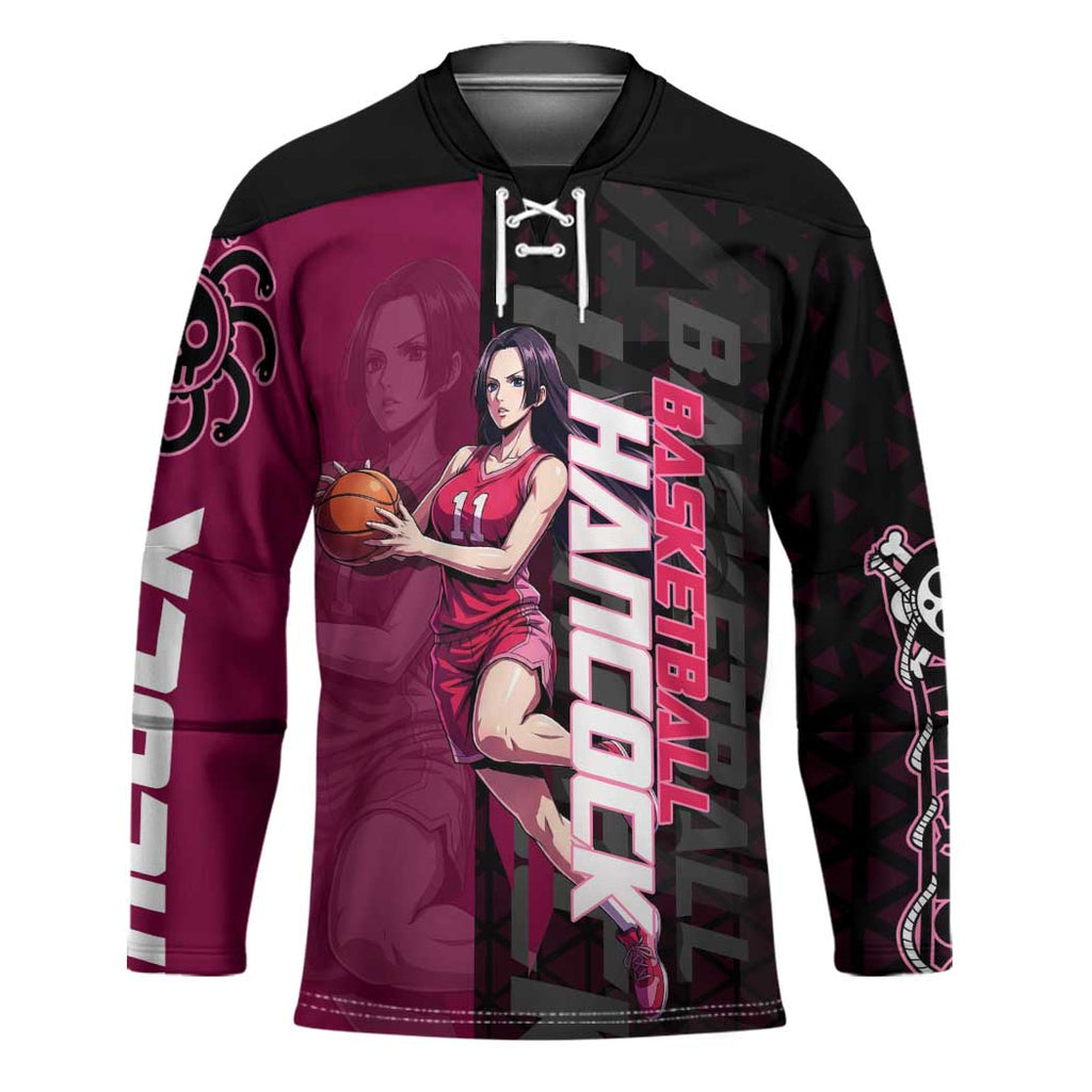 Boa Hancock One Piece Basketball Theme Maroon and Black Design Hockey Jersey with Serpent Emblem and Dynamic Pose - The Mazicc
