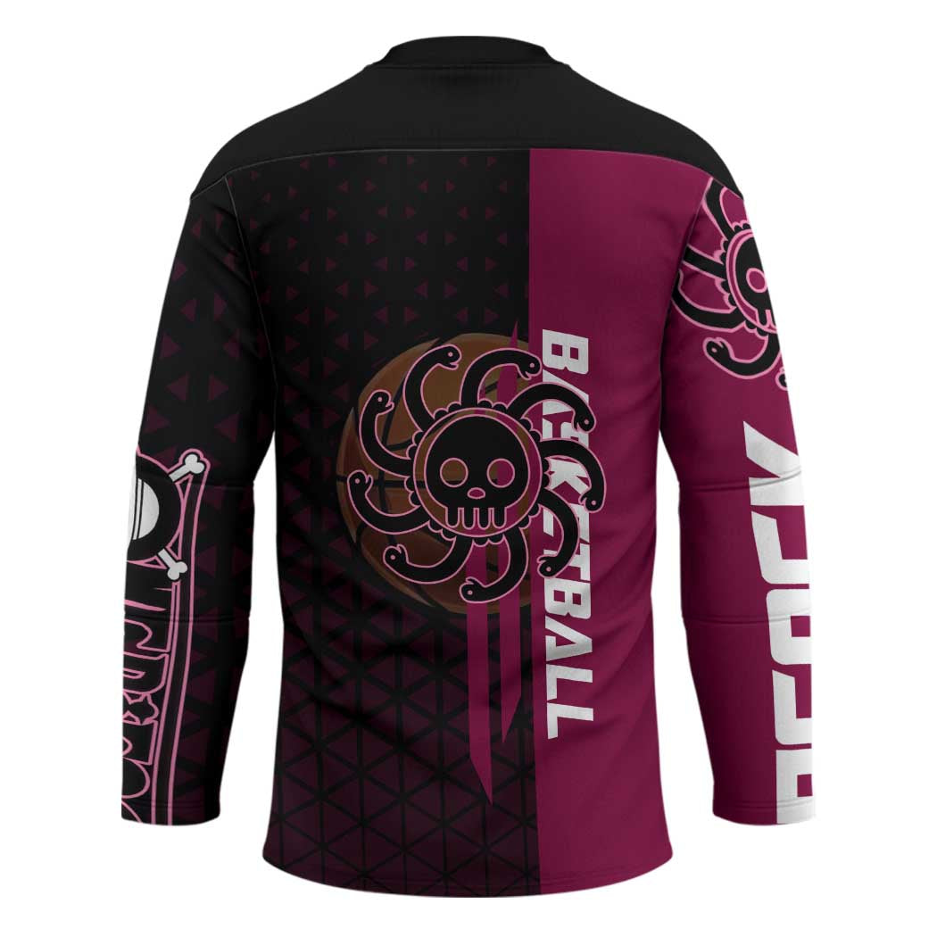 Boa Hancock One Piece Basketball Theme Maroon and Black Design Hockey Jersey with Serpent Emblem and Dynamic Pose - The Mazicc