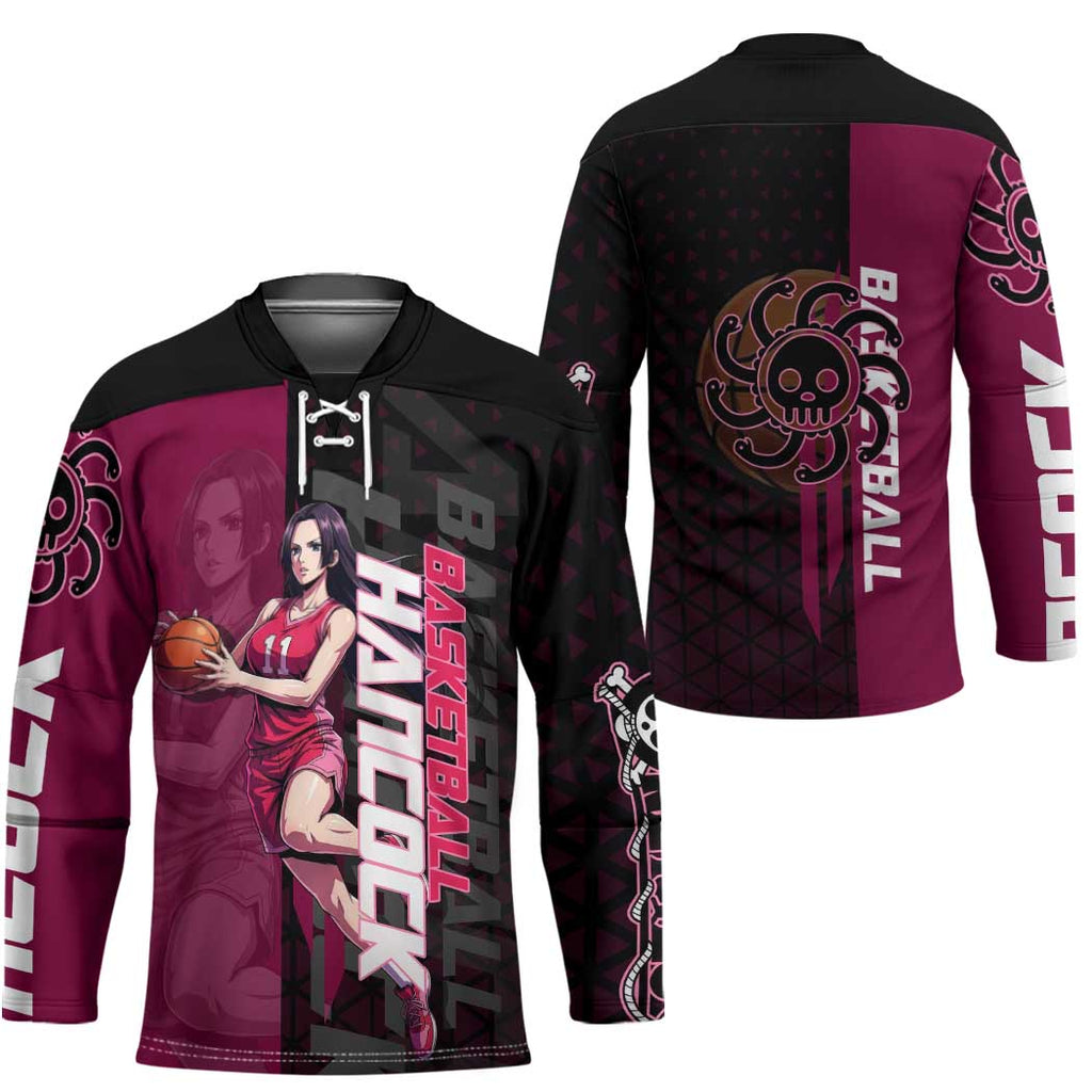 Boa Hancock One Piece Basketball Theme Maroon and Black Design Hockey Jersey with Serpent Emblem and Dynamic Pose - The Mazicc