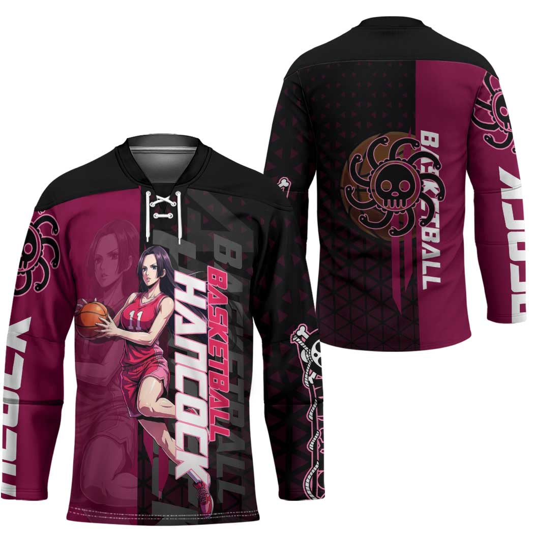 Boa Hancock One Piece Basketball Theme Maroon and Black Design Hockey Jersey with Serpent Emblem and Dynamic Pose - The Mazicc