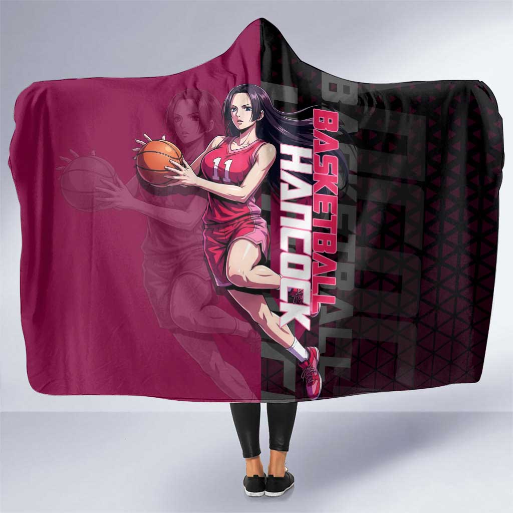 Boa Hancock One Piece Basketball Theme Maroon and Black Design Hooded Blanket with Serpent Emblem and Dynamic Pose - The Mazicc
