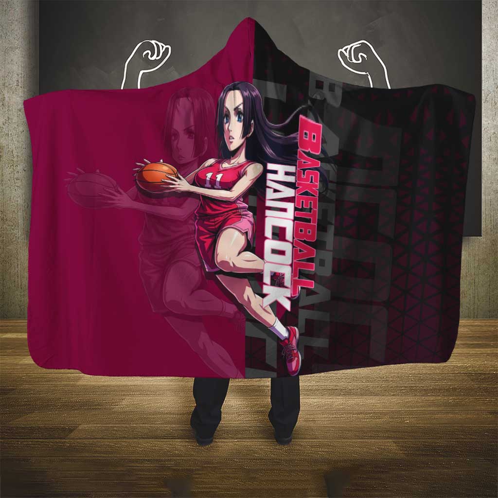 Boa Hancock One Piece Basketball Theme Maroon and Black Design Hooded Blanket with Serpent Emblem and Dynamic Pose - The Mazicc