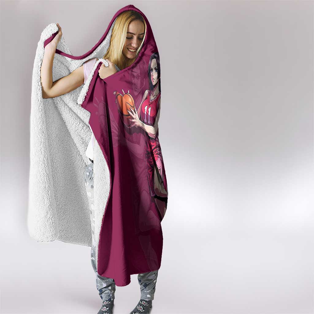 Boa Hancock One Piece Basketball Theme Maroon and Black Design Hooded Blanket with Serpent Emblem and Dynamic Pose - The Mazicc
