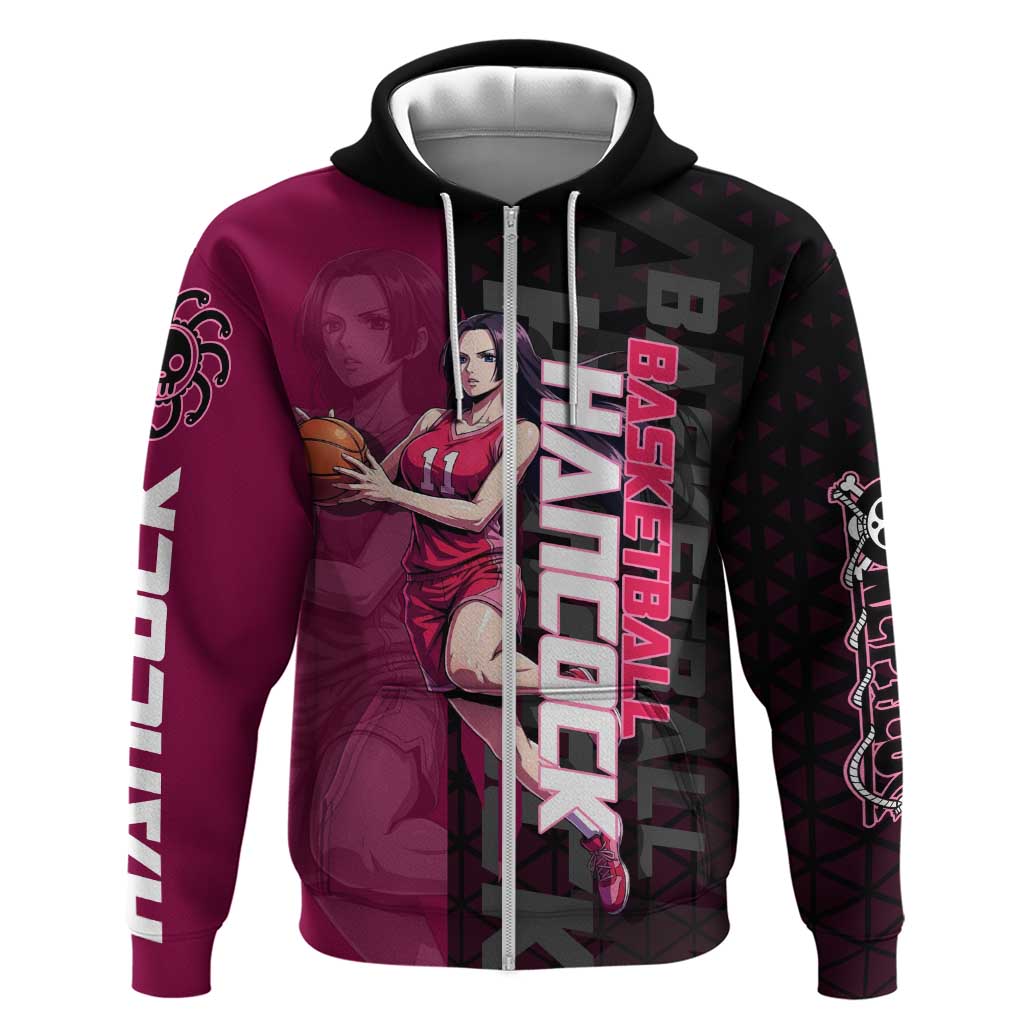 Boa Hancock One Piece Basketball Theme Maroon and Black Design Hoodie with Serpent Emblem and Dynamic Pose - The Mazicc