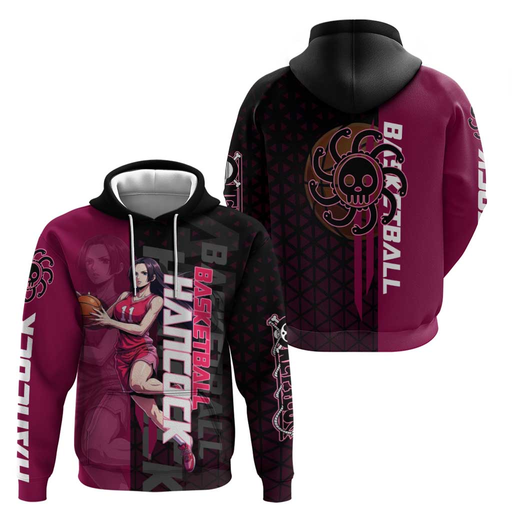 Boa Hancock One Piece Basketball Theme Maroon and Black Design Hoodie with Serpent Emblem and Dynamic Pose - The Mazicc