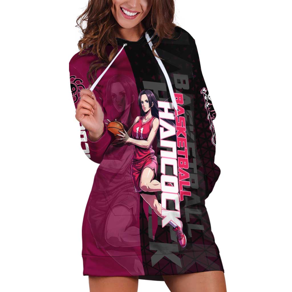 Boa Hancock One Piece Basketball Theme Maroon and Black Design Hoodie Dress with Serpent Emblem and Dynamic Pose - The Mazicc