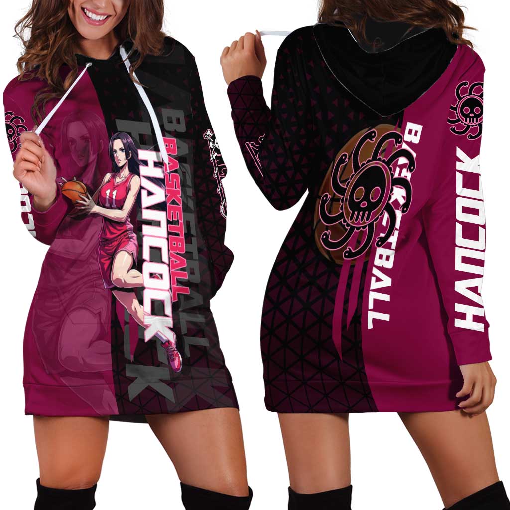 Boa Hancock One Piece Basketball Theme Maroon and Black Design Hoodie Dress with Serpent Emblem and Dynamic Pose - The Mazicc