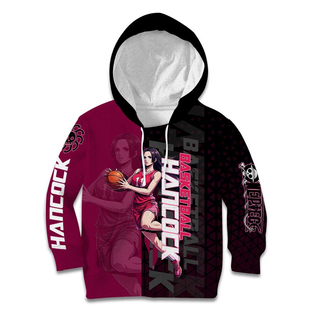 Boa Hancock One Piece Basketball Theme Maroon and Black Design Kid Hoodie with Serpent Emblem and Dynamic Pose - The Mazicc