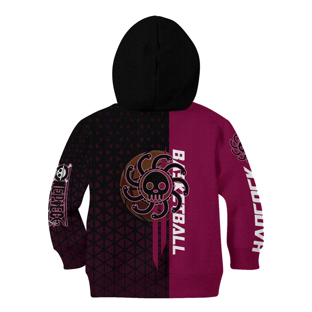 Boa Hancock One Piece Basketball Theme Maroon and Black Design Kid Hoodie with Serpent Emblem and Dynamic Pose - The Mazicc