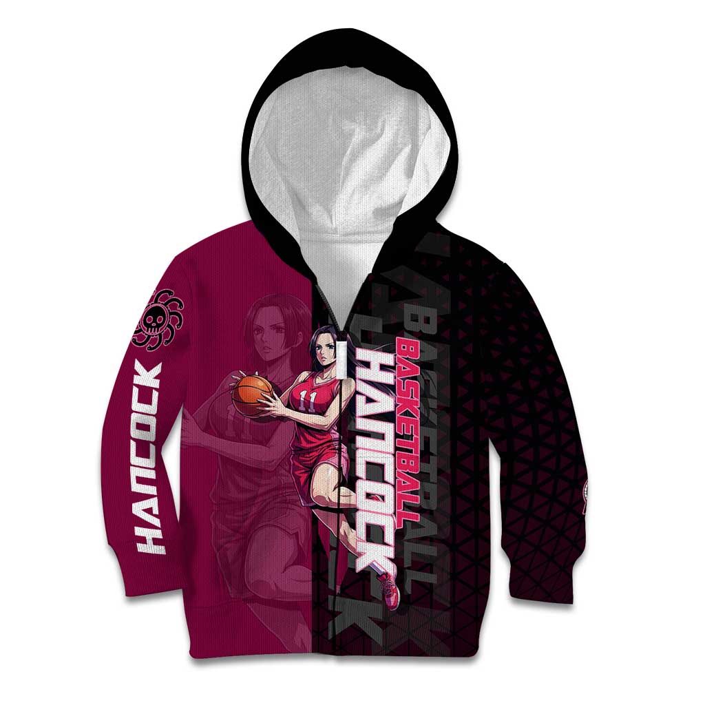 Boa Hancock One Piece Basketball Theme Maroon and Black Design Kid Hoodie with Serpent Emblem and Dynamic Pose - The Mazicc