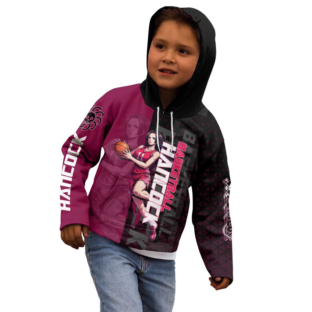 Boa Hancock One Piece Basketball Theme Maroon and Black Design Kid Hoodie with Serpent Emblem and Dynamic Pose - The Mazicc