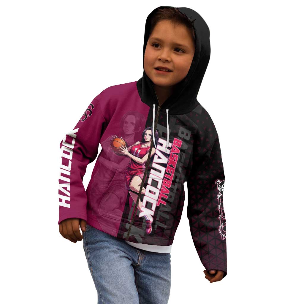 Boa Hancock One Piece Basketball Theme Maroon and Black Design Kid Hoodie with Serpent Emblem and Dynamic Pose - The Mazicc