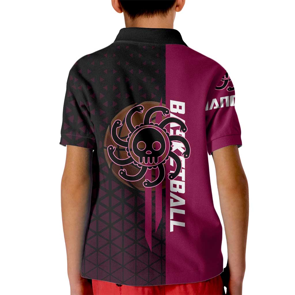 Boa Hancock One Piece Basketball Theme Maroon and Black Design Kid Polo Shirt with Serpent Emblem and Dynamic Pose - The Mazicc