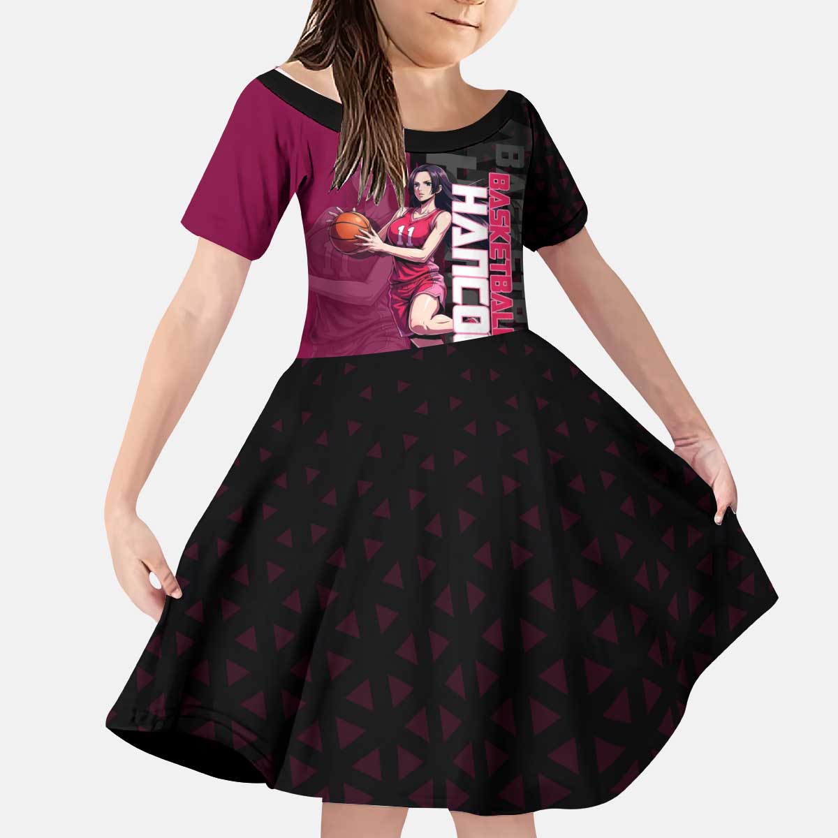 Boa Hancock One Piece Basketball Theme Maroon and Black Design Kid Short Sleeve Dress with Serpent Emblem and Dynamic Pose - The Mazicc
