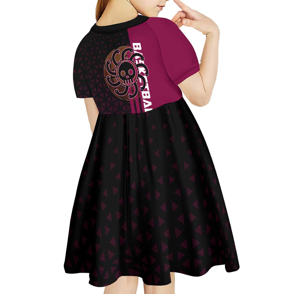 Boa Hancock One Piece Basketball Theme Maroon and Black Design Kid Short Sleeve Dress with Serpent Emblem and Dynamic Pose - The Mazicc