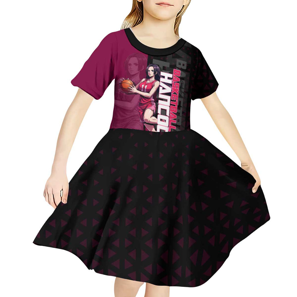 Boa Hancock One Piece Basketball Theme Maroon and Black Design Kid Short Sleeve Dress with Serpent Emblem and Dynamic Pose - The Mazicc