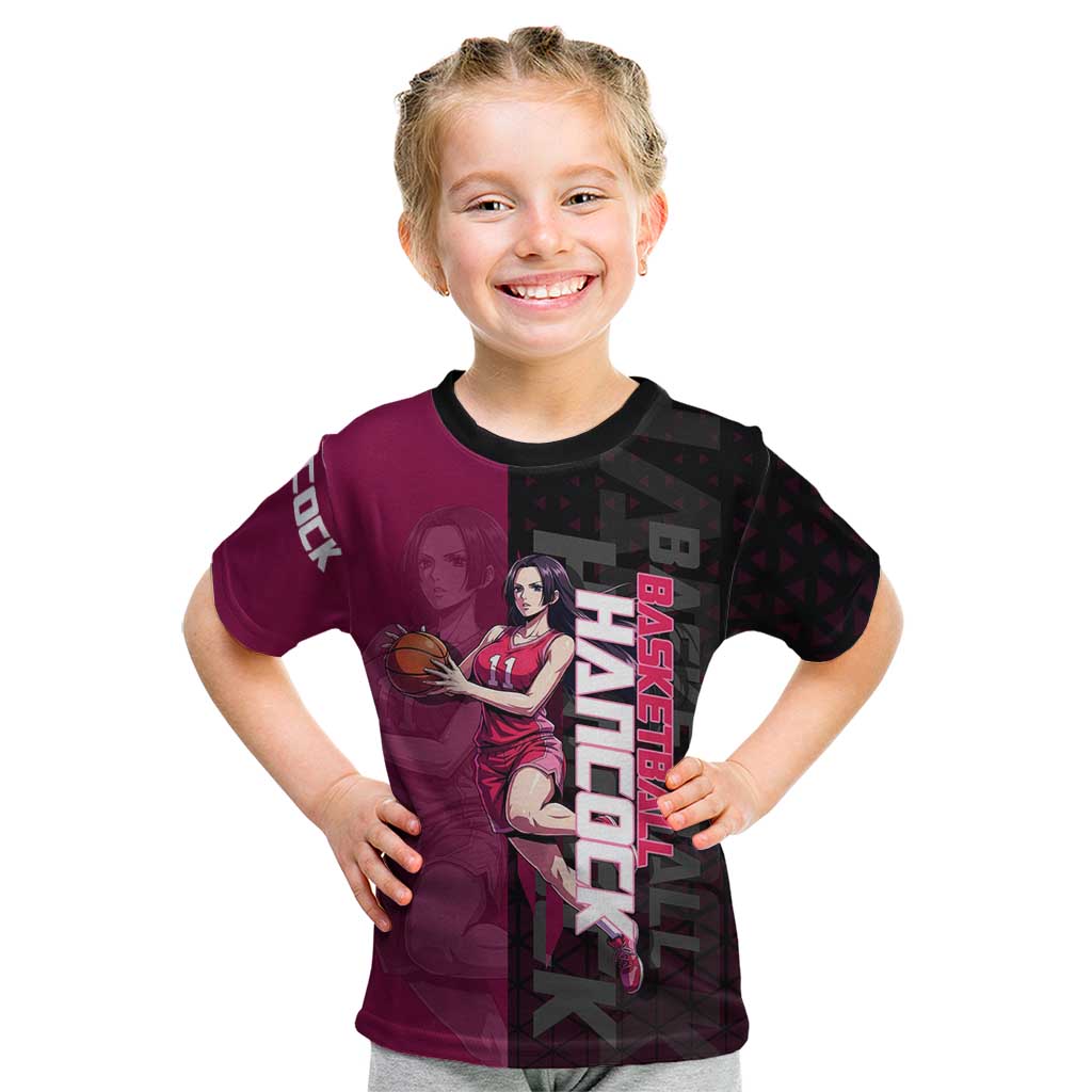 Boa Hancock One Piece Basketball Theme Maroon and Black Design Kid T Shirt with Serpent Emblem and Dynamic Pose - The Mazicc