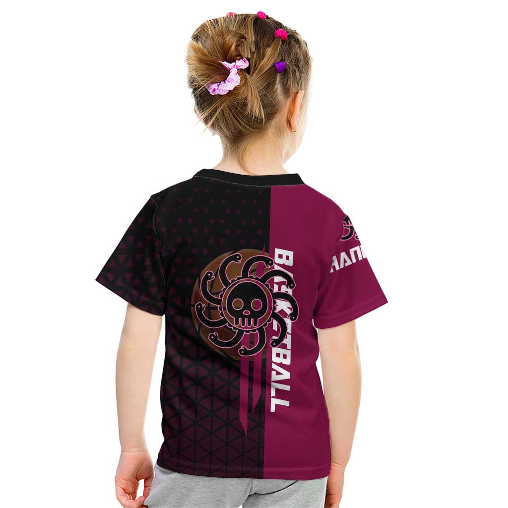 Boa Hancock One Piece Basketball Theme Maroon and Black Design Kid T Shirt with Serpent Emblem and Dynamic Pose - The Mazicc