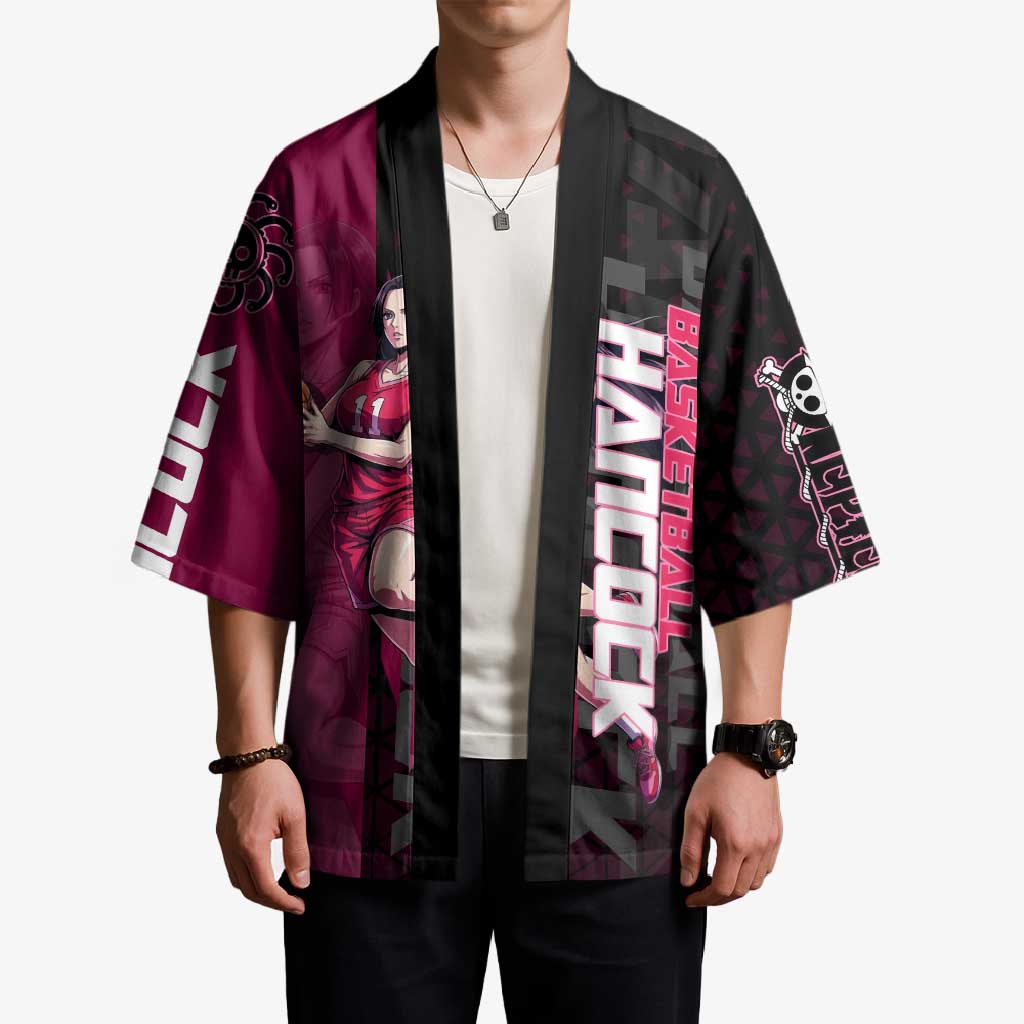 Boa Hancock One Piece Basketball Theme Maroon and Black Design Kimono with Serpent Emblem and Dynamic Pose - The Mazicc