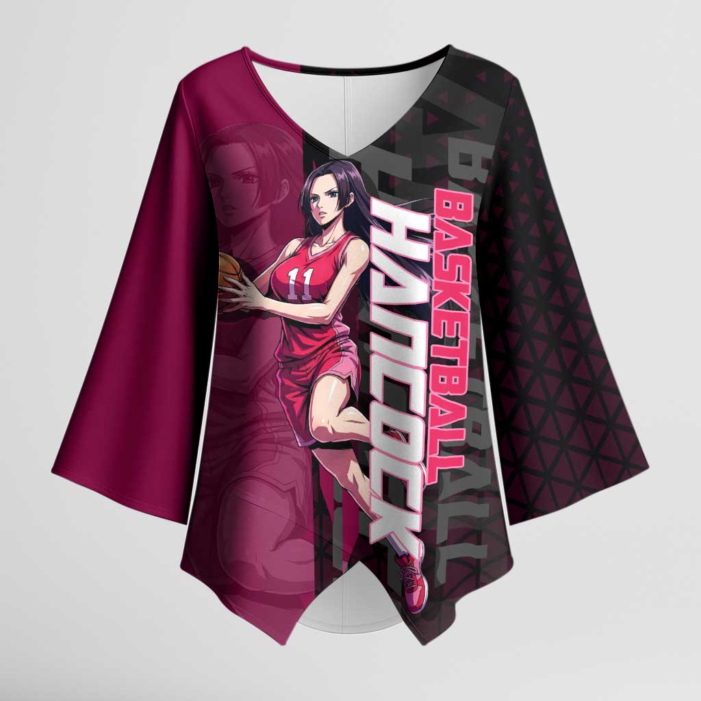 Boa Hancock One Piece Basketball Theme Maroon and Black Design Kimono Sleeve Blouse with Serpent Emblem and Dynamic Pose - The Mazicc