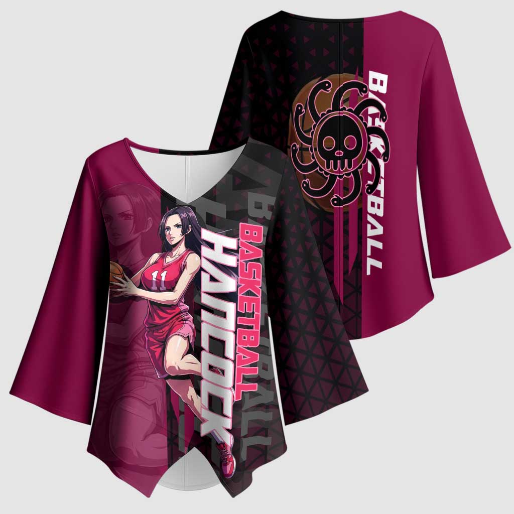 Boa Hancock One Piece Basketball Theme Maroon and Black Design Kimono Sleeve Blouse with Serpent Emblem and Dynamic Pose - The Mazicc