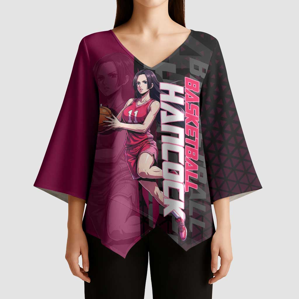 Boa Hancock One Piece Basketball Theme Maroon and Black Design Kimono Sleeve Blouse with Serpent Emblem and Dynamic Pose - The Mazicc