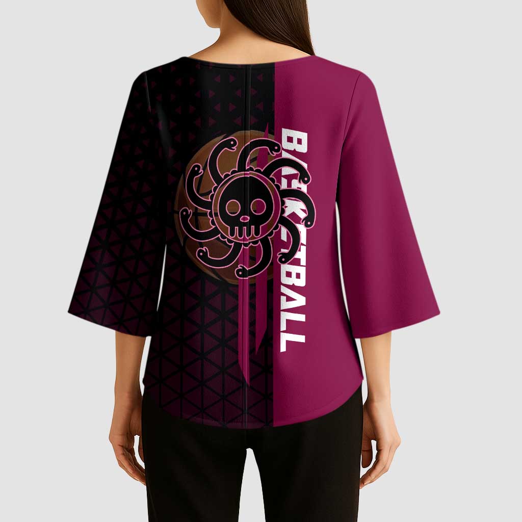 Boa Hancock One Piece Basketball Theme Maroon and Black Design Kimono Sleeve Blouse with Serpent Emblem and Dynamic Pose - The Mazicc