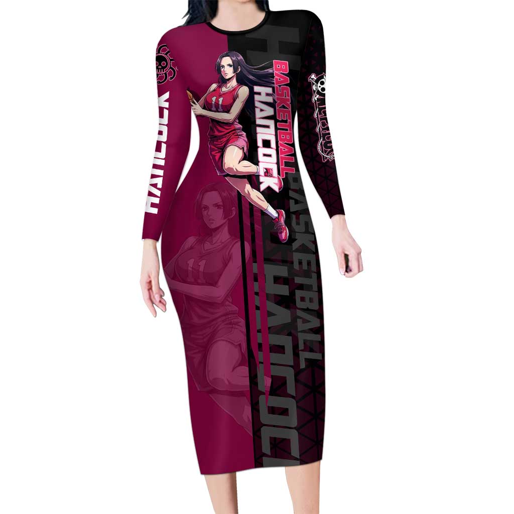 Boa Hancock One Piece Basketball Theme Maroon and Black Design Long Sleeve Bodycon Dress with Serpent Emblem and Dynamic Pose - The Mazicc