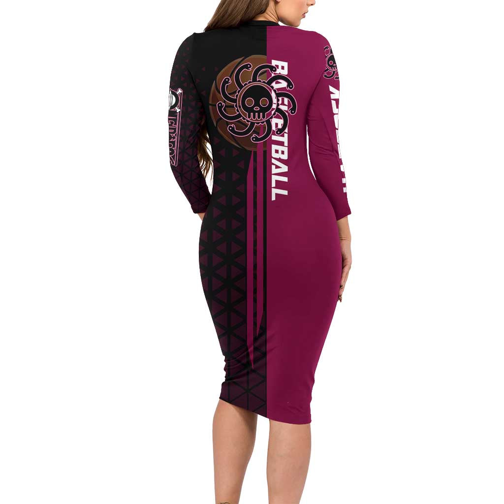 Boa Hancock One Piece Basketball Theme Maroon and Black Design Long Sleeve Bodycon Dress with Serpent Emblem and Dynamic Pose - The Mazicc