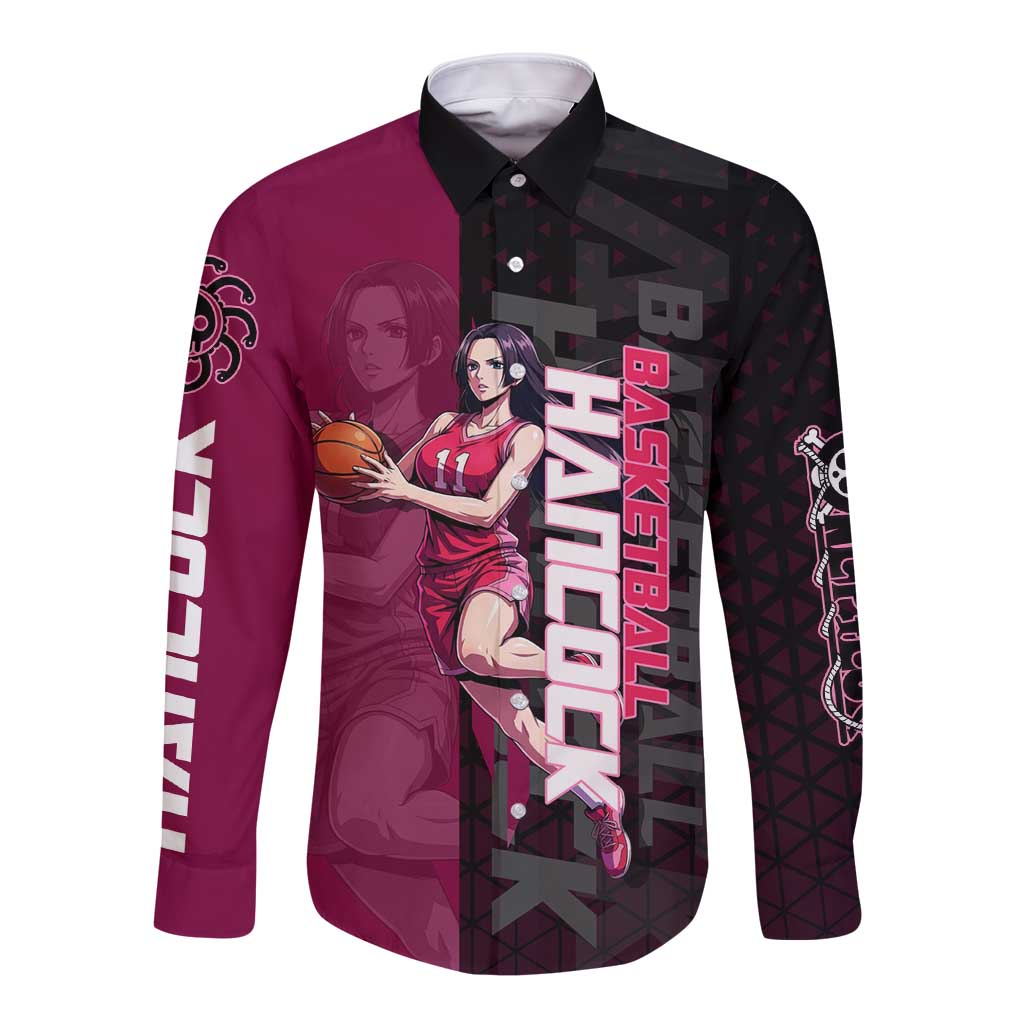 Boa Hancock One Piece Basketball Theme Maroon and Black Design Long Sleeve Button Shirt with Serpent Emblem and Dynamic Pose - The Mazicc