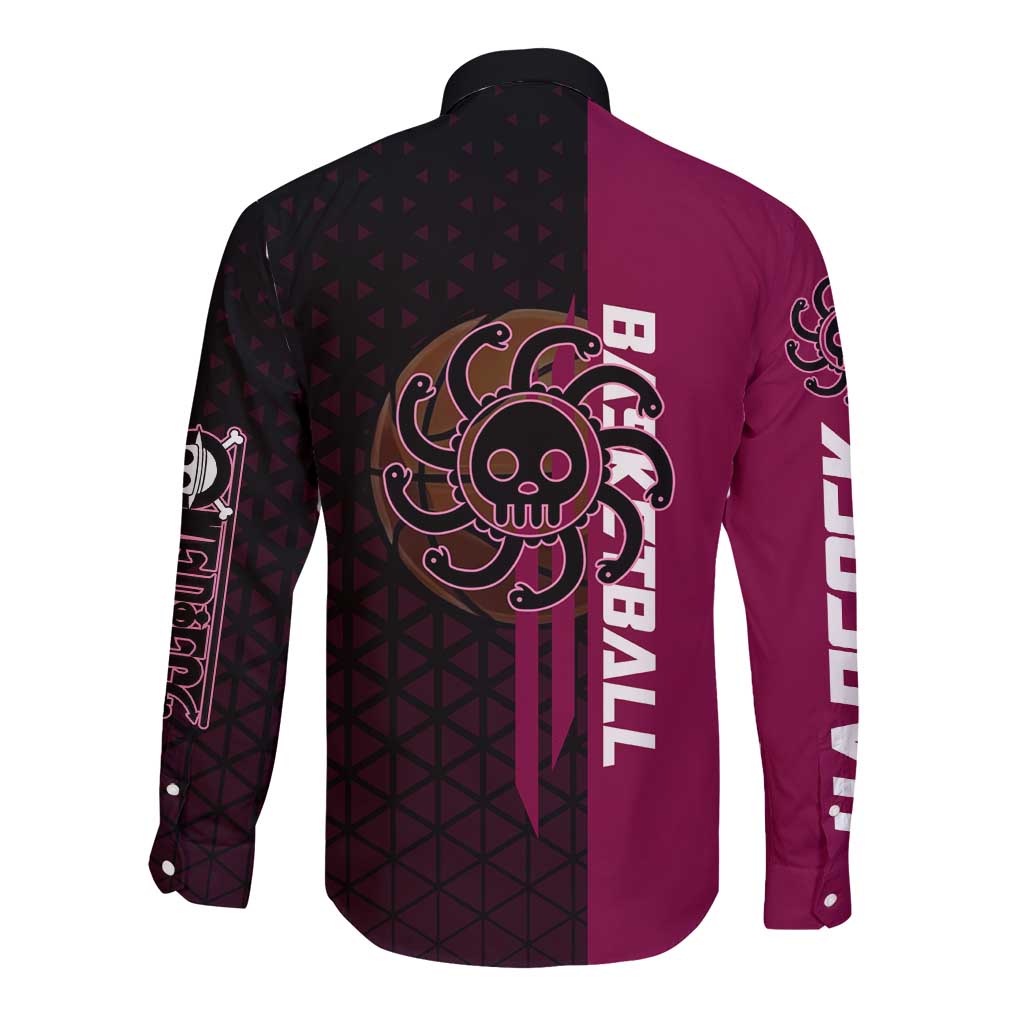 Boa Hancock One Piece Basketball Theme Maroon and Black Design Long Sleeve Button Shirt with Serpent Emblem and Dynamic Pose - The Mazicc
