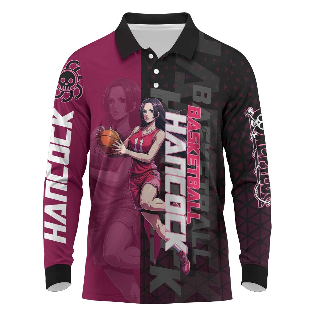 Boa Hancock One Piece Basketball Theme Maroon and Black Design Long Sleeve Polo Shirt with Serpent Emblem and Dynamic Pose - The Mazicc