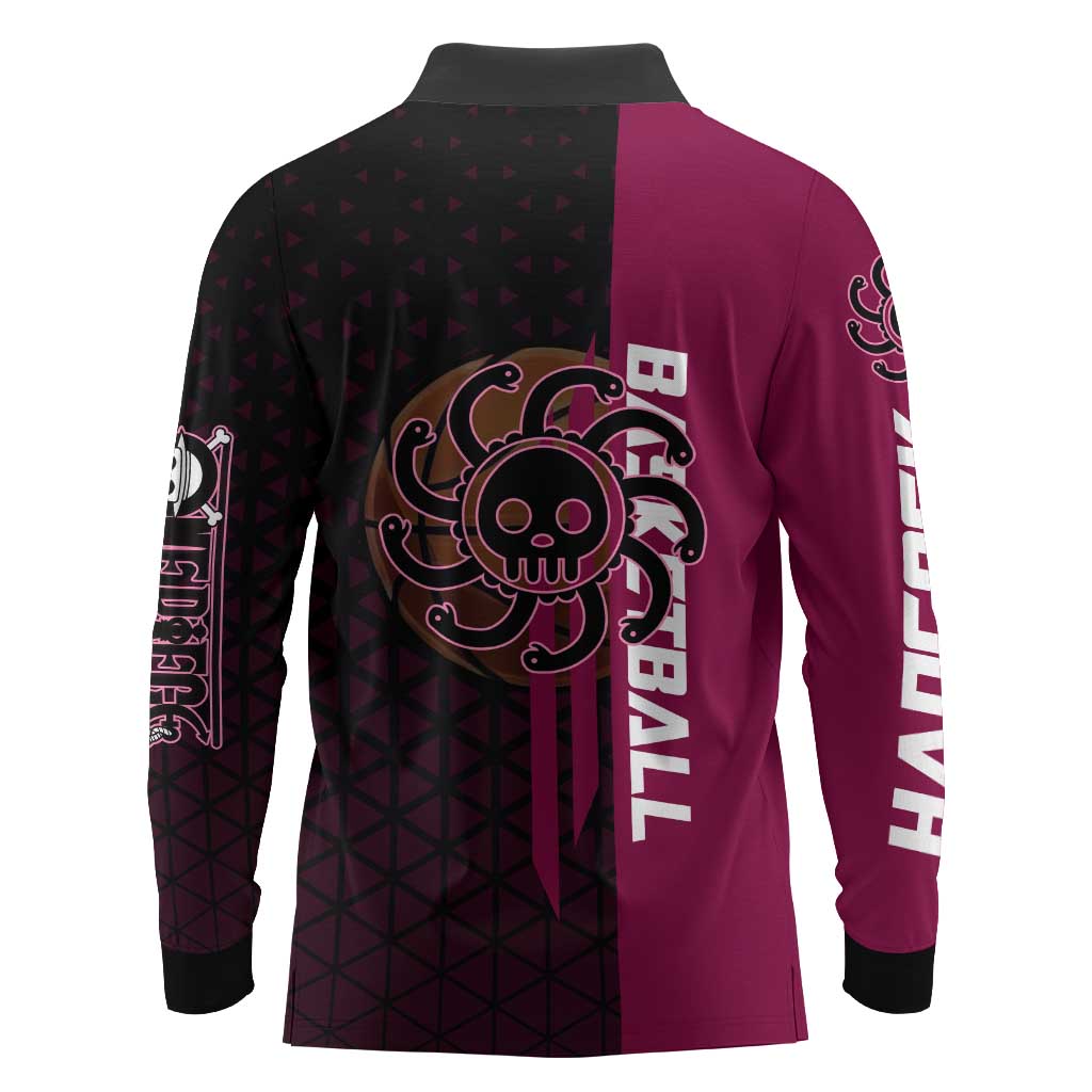 Boa Hancock One Piece Basketball Theme Maroon and Black Design Long Sleeve Polo Shirt with Serpent Emblem and Dynamic Pose - The Mazicc