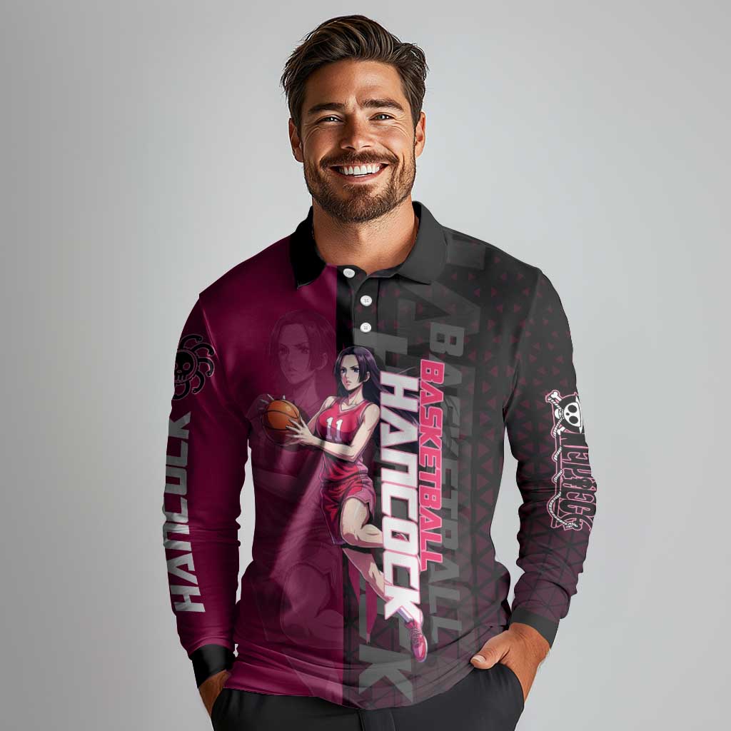 Boa Hancock One Piece Basketball Theme Maroon and Black Design Long Sleeve Polo Shirt with Serpent Emblem and Dynamic Pose - The Mazicc