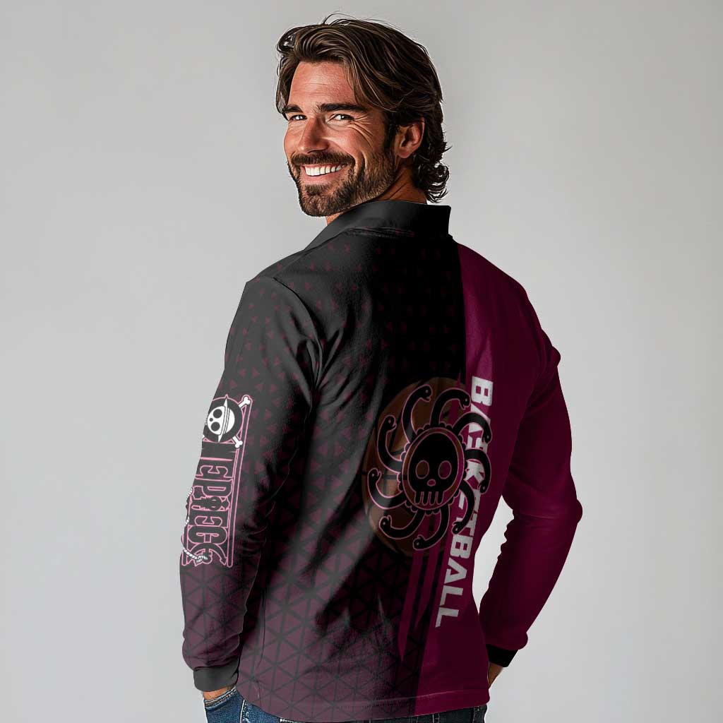 Boa Hancock One Piece Basketball Theme Maroon and Black Design Long Sleeve Polo Shirt with Serpent Emblem and Dynamic Pose - The Mazicc