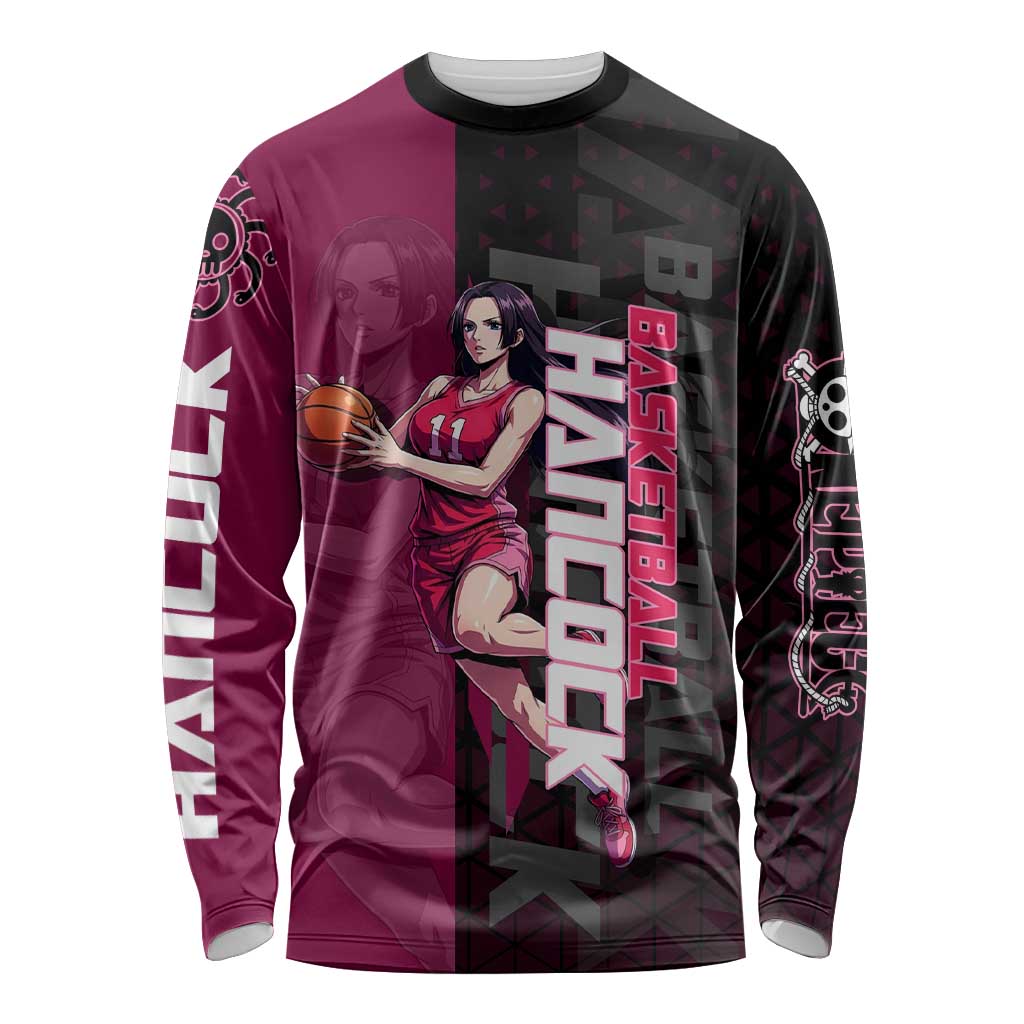 Boa Hancock One Piece Basketball Theme Maroon and Black Design Long Sleeve Shirt with Serpent Emblem and Dynamic Pose - The Mazicc